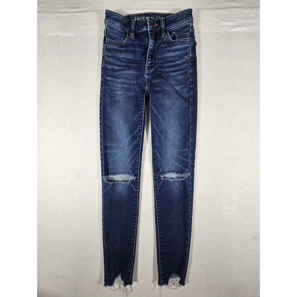 American Eagle Super Hi-Rise Jegging Dark Wash Distressed Skinny Jean 00 Regular